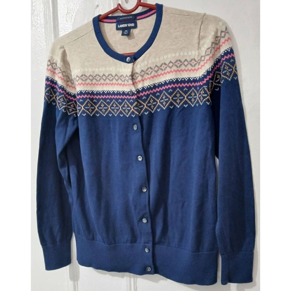 Lands end women medium 100% pima cotton pink blue Summer Spring cardigan sweater